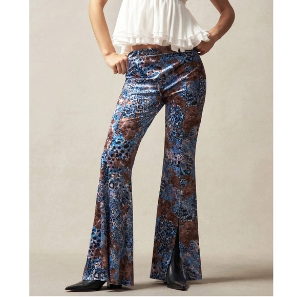 Luxe Velvet Floral Leopard print Wide Leg Split hem Pants - Picture 2 of 6